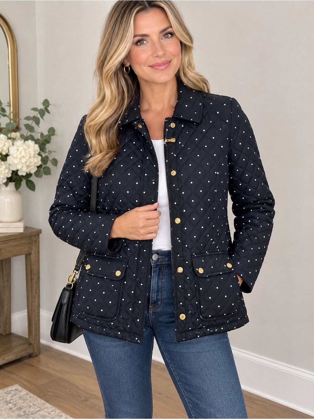 Charter Club Polka Dot Diamond Quilted Barn Jacket Large